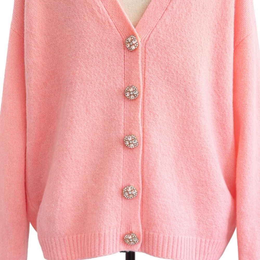 CeCe • Valentine Pink Sweater or Reversible Cardigan with Rhinestone Buttons - Picture 5 of 11